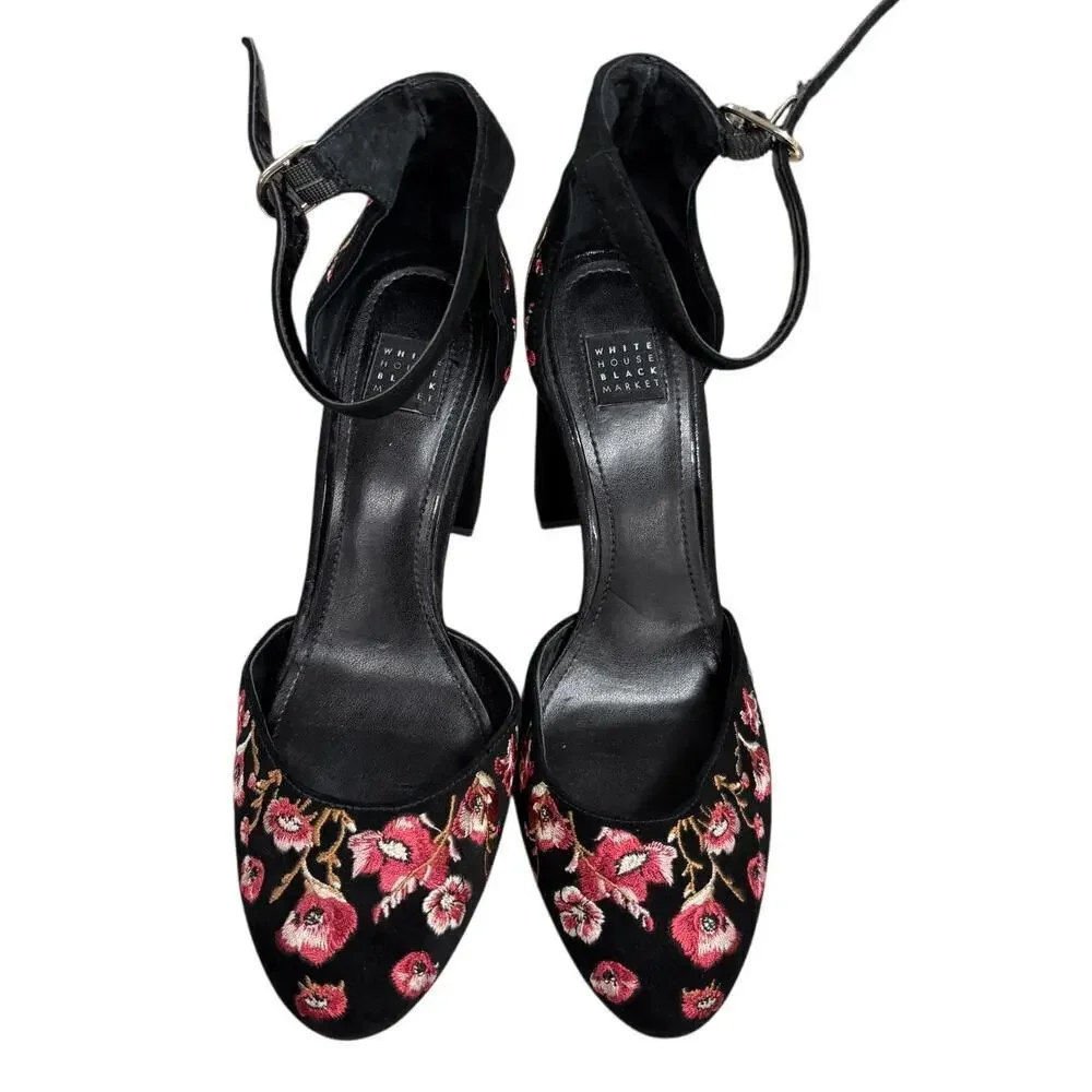 White House Black Market “Piper” Suede Embroidered Block Heel Shoes Size 7.5M - Picture 2 of 9